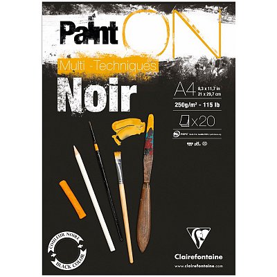 Альбом для смешанных техник 20л., А4, на склейке Clairefontaine «Paint'ON Noir», 250г/м2, черная
