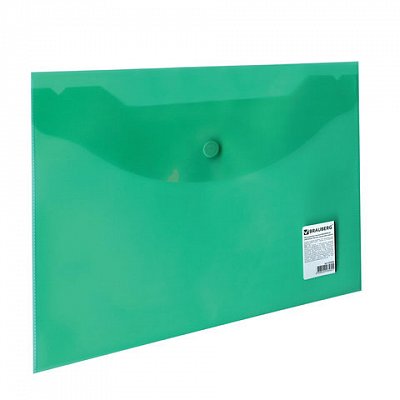 Папка-конверт с кнопкой BRAUBERG, А5, 240х190 мм, прозрачная, зеленая, 0,15 мм