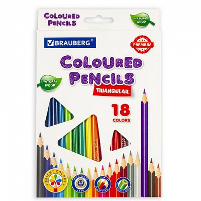 Карандаши цветные BRAUBERG PREMIUM18 цветовтрехгранныегрифель мягкий 3.3 мм181652
