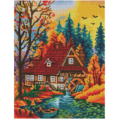 Алмазная мозаика ТРИ СОВЫ «Дом в осеннем лесу», 30×40см, холст на деревянном подрамнике, картонная коробка с пластиковой ручкой