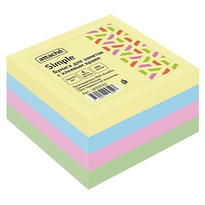 Стикеры Attache Simple 76×76 мм пастельные 4 цвета (1 блок, 400 листов)