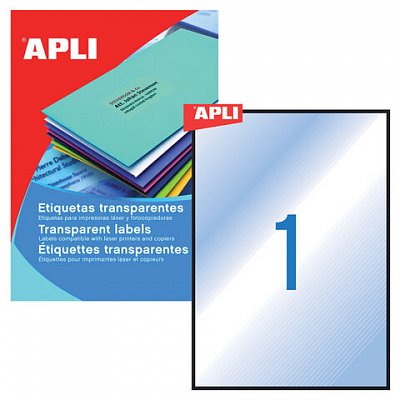 Этикетка самоклеящаяся APLI на листе формата А4, 1 этикетка, размер 210×297 мм, прозрачная, 20 л.