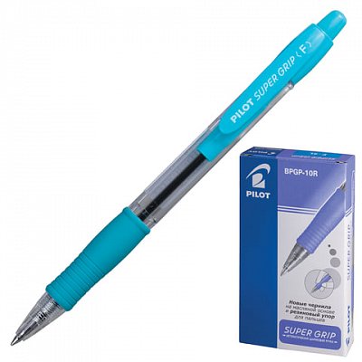 Ручка шариковая масляная автоматическая с грипом PILOT «Super Grip», СИНЯЯ, голубые детали, узел 0.7 мм, линия письма 0.32 мм