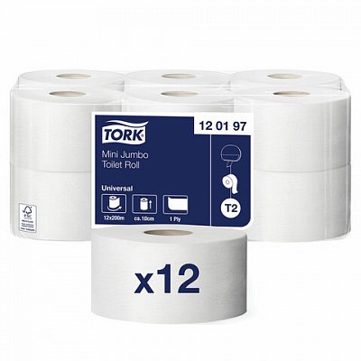Бумага туалетная в рулонах Tork Universal 1-слойная 12 рулонов по 200 метров (артикул производителя 120197)