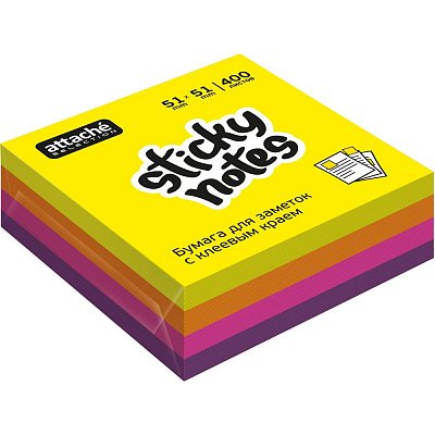 Стикеры Attache Selection 51×51 мм неоновые 4 цвета (желтый, оранжевый, розовый, фиолетовый) 400 листов
