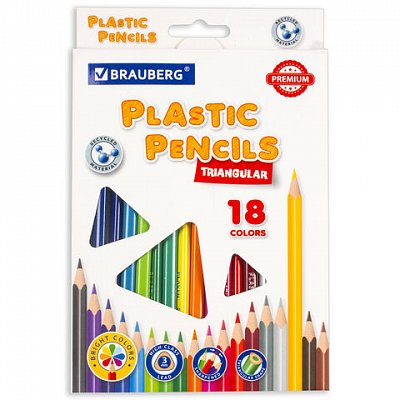 Карандаши цветные пластиковые BRAUBERG PREMIUM18 цветовтрехгранныегрифель мягкий 3 мм181662