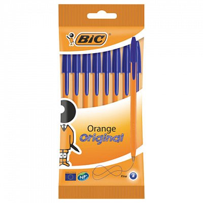 Ручки шариковые BIC «Orange Fine», НАБОР 8 шт., СИНИЕ, линия письма 0.32 мм, пакет
