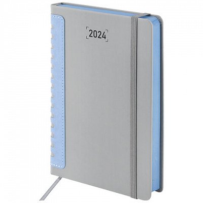 Ежедневник датированный 2024 А5 138×213 мм, BRAUBERG «Original», под кожу, серый/голубой