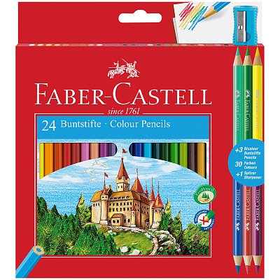 Карандаши цветные Faber-Castell, 24цв. +6, заточен., картон, европодвес, с точилкой