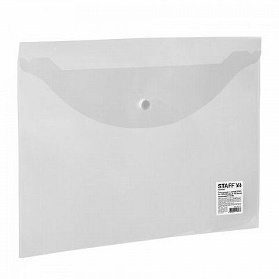 Папка-конверт с кнопкой STAFF, А4, 340х240 мм, прозрачная, до 100 листов, 0,12 мм