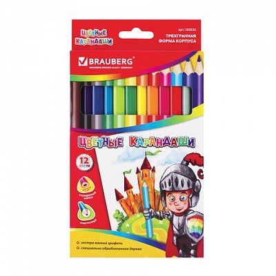 Карандаши цветные BRAUBERG, 12 цветов, утолщенные, трехгранные, картонная упаковка, с изображением мальчика