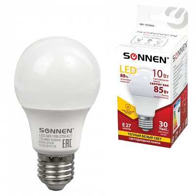 Лампа светодиодная SONNEN, 10 (85) Вт, цоколь Е27, грушевидная, теплый белый свет, LED A60-10W-2700-E27