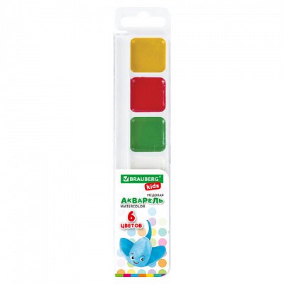 Краски акварельные BRAUBERG «KIDS», медовые, 6 цветов, квадратные кюветы, пластиковый пенал