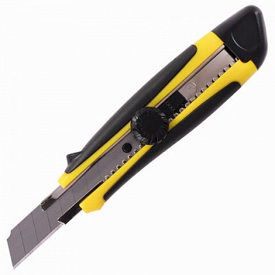 Нож универсальный BRAUBERG, 18 мм, роликовый фиксатор, с резиновыми вставками, блистер