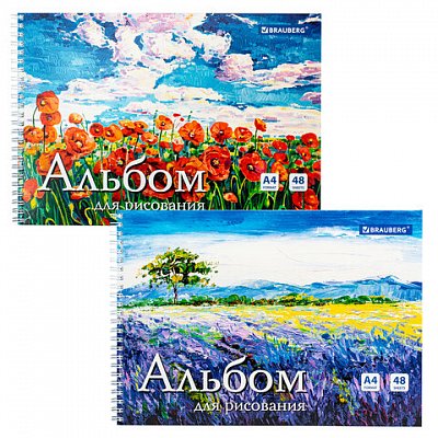 Альбом для рисования, А4, 48 л., гребень, обложка картон, BRAUBERG, 205×290 мм, «Летний пейзаж» (2 вида)