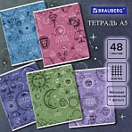 Тетрадь А5, 48 л., BRAUBERG, скоба, клетка, матовая ламинация, фольга, «Zodiac Symbol»