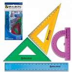 Набор чертежный BRAUBERG: линейка 20 см, 2 треугольника, транспортир, цветной, упаковка с европодвесом