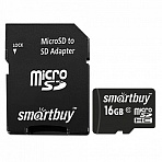Карта памяти micro SDHC, 16 GB, SMARTBUY, 10 Мб/сек. (class 10), с адаптером
