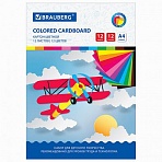Картон цветной А4 немелованный, 12 листов 12 цветов, в папке, BRAUBERG, 200×290 мм, «Самолет»