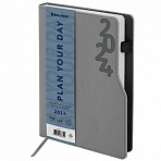 Ежедневник датированный 2024 А5 150×213 мм BRAUBERG «Up», под кожу софт-тач, держатель для ручки, серый