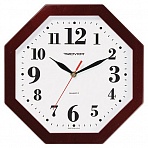 Часы настенные TROYKA 41431416, восьмигранник, белые, коричневая рамка, 29×29×3.5 см
