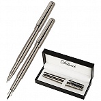 Набор Delucci «Mistico»: ручка перьевая 0.8мм и ручка-роллер 0.6мм, черные, оруж. металл, подар. уп. 