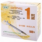 Шприц инсулиновый SFM, 1 мл, КОМПЛЕКТ 100 шт., в коробке, U-100 игла 0.45×12 мм - 26G