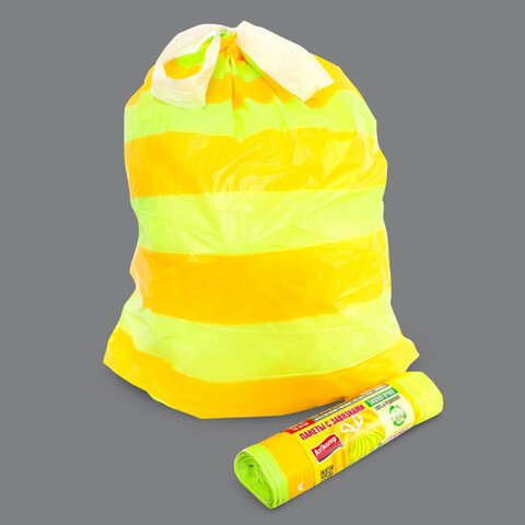 Мешки для мусора с завязками 60 л, в рулоне, 10 шт., ПСД 22 мкм, 58×68 см, «ПОЛОСАТИКИ», желтый/зеленый, Avikomp