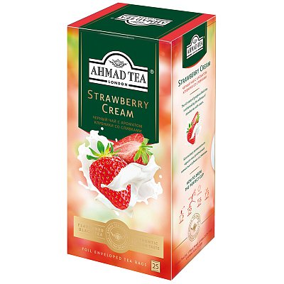 Чай Ahmad Tea «Strawberry Cream», черный, с аром. клубники со сливками, 25 фольг. пакетиков по 1.5г