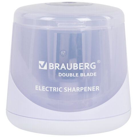 превью Точилка электрическая BRAUBERG DOUBLE BLADE WHITE, двойное лезвие, питание от 2 батареек
