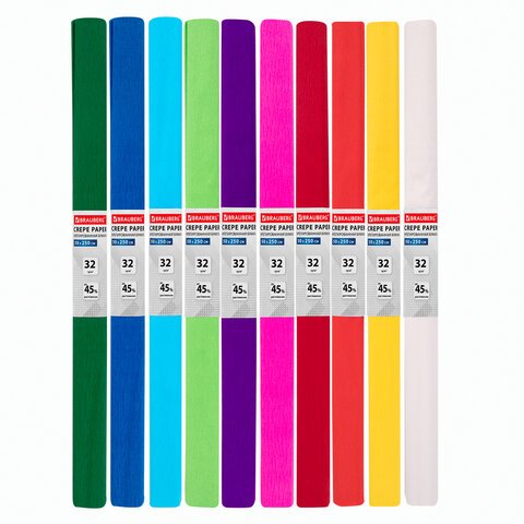 Набор гофрированной (креповой) бумаги, 32 г/м2, 10 рулонов, 50×250 см, яркие цвета, BRAUBERG