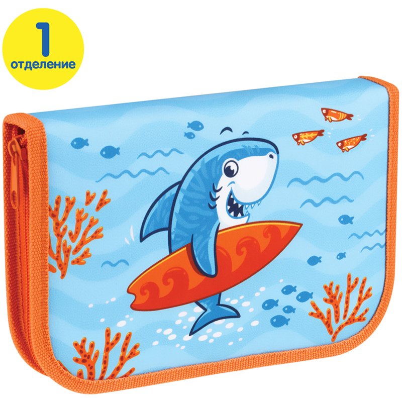 Пенал 1 отделение, 200×130 Мульти-Пульти «Surf Shark», доп. секция, ткань