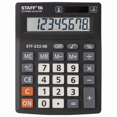 Калькулятор настольный STAFF PLUS STF-222, КОМПАКТНЫЙ (138×103 мм), 8 разрядов, двойное питание