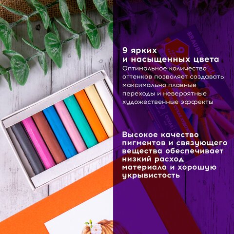 Пастель сухая художественная BRAUBERG ART «DEBUT», 9 цветов, круглое сечение, 181459