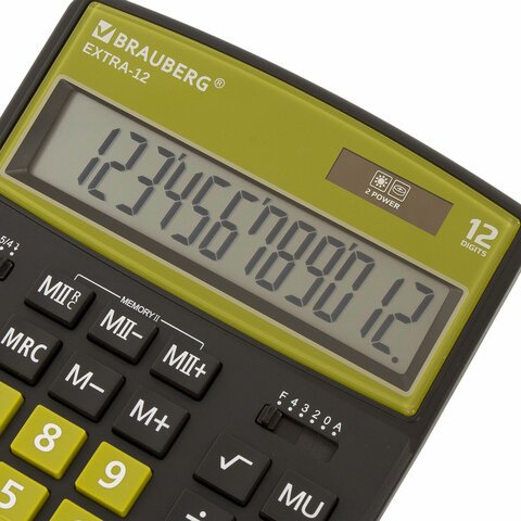 Калькулятор настольный BRAUBERG EXTRA-12-BKOL (206×155 мм), 12 разрядов, двойное питание, ЧЕРНО-ОЛИВКОВЫЙ