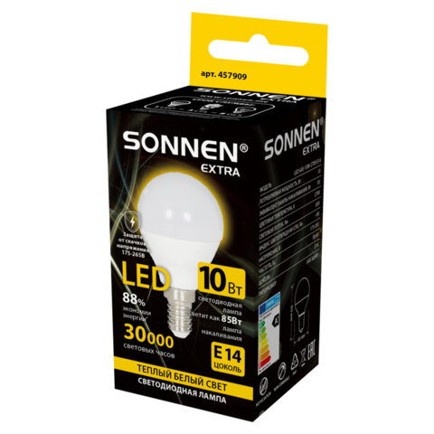 Лампа светодиодная SONNEN EXTRA, 10 (85) Вт, E14, шар, теплый белый, 30000 ч, LED G45-10W-2700-Е14