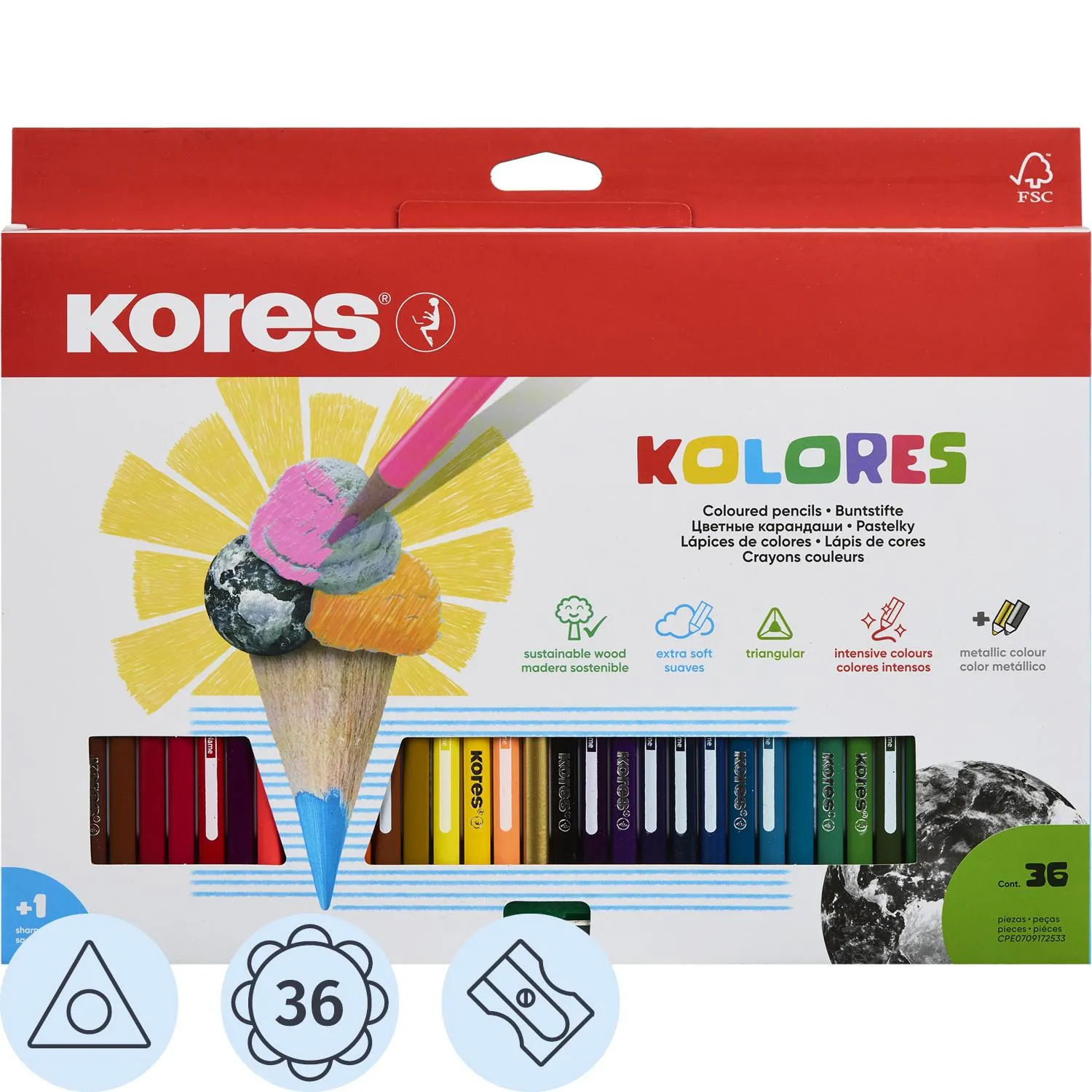 Карандаши цветные Kores Kolores 36 карандашей 36 цветов трёхгранные