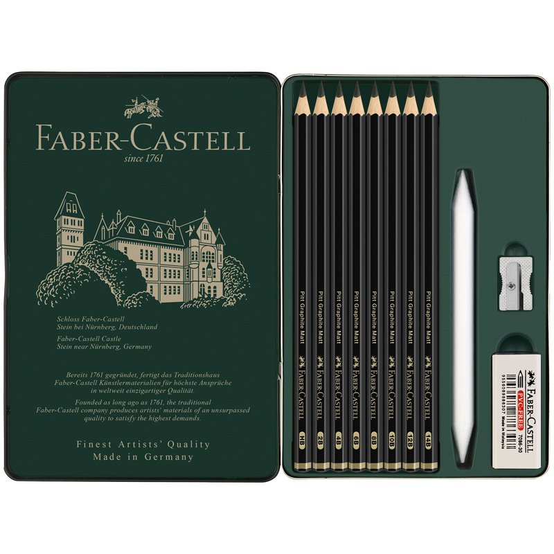 превью Набор карандашей ч/г матовых Faber-Castell «Pitt Graphite Matt» HB, 2B, 4B, 6B, 8B, 10B, 12B, 14B, заточ, ластик, метал. точилка, растушевка, метал. кор