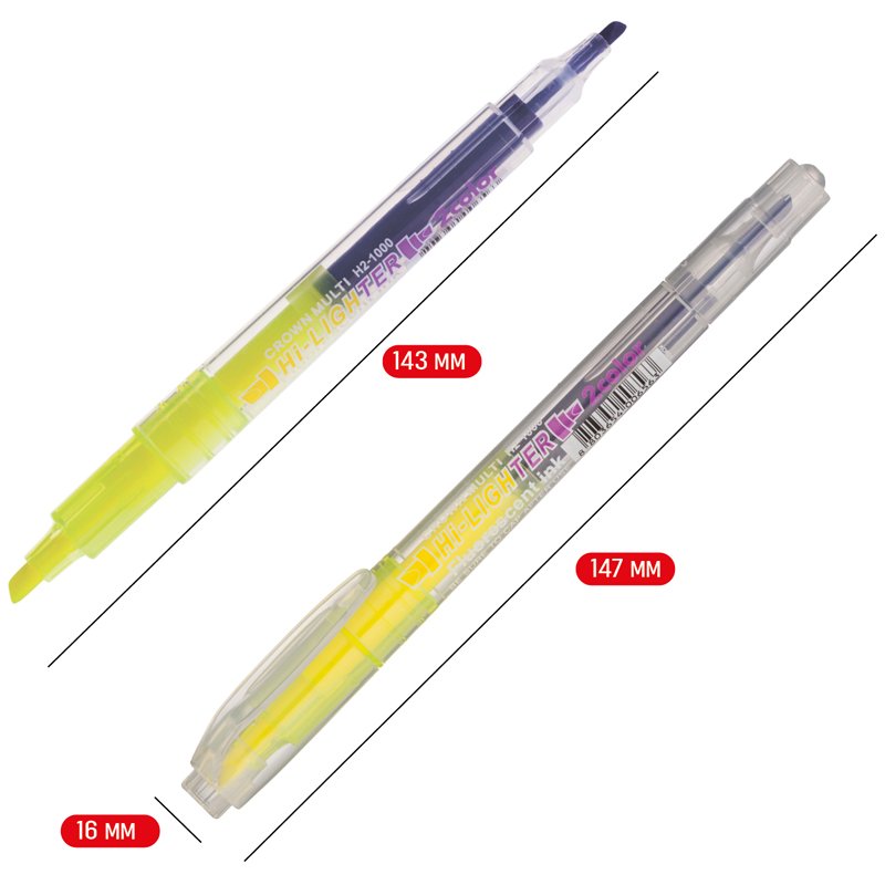 Текстовыделитель двухсторонний Crown «Multi Hi-Lighter Twin» желтый/фиолетовый, 3/2мм