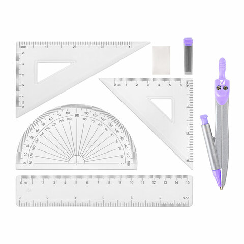 Готовальня BRAUBERG SCHOOL KIT, 9 предметов, циркуль 125 мм, чертежные принадлежности, лаванда