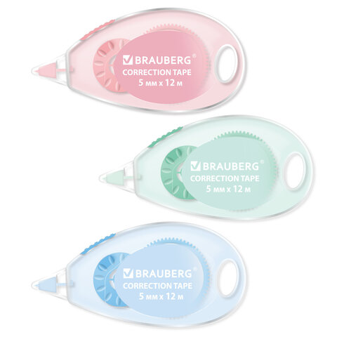 Корректирующая лента BRAUBERG PASTEL, 5 мм x 12 м, механизм перемотки, ВЫГОДНАЯ УПАКОВКА 3 штуки в блистере