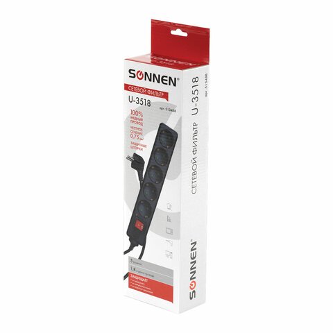 Сетевой фильтр SONNEN U-3518, 5 розеток, с заземлением, выключатель, 10 А, 1.8 м, черный