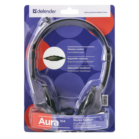 Наушники с микрофоном (гарнитура) DEFENDER Aura 104, проводная, компьютерная, 1.8 м, черная