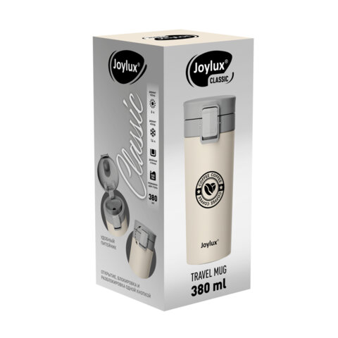 Термокружка 380 мл JOYLUX (ДЖОЙЛЮКС) CLASSIC COFFEE, нержавеющая сталь SUS304, бежевый с принтом