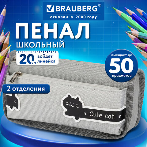 Пенал мягкий BRAUBERG, 2 отделения, полиэстер, «Длинный кот», светло-серый, 21×9х6 см