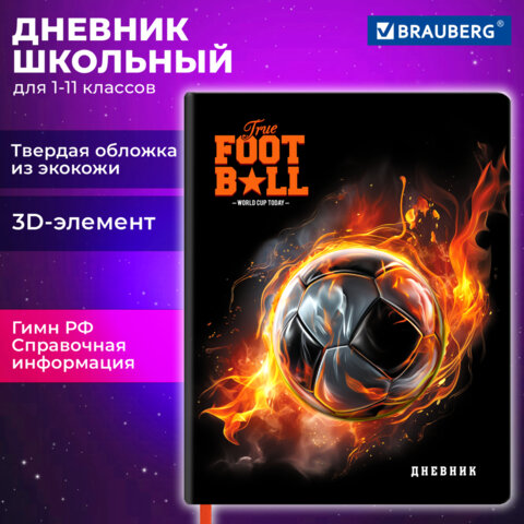Дневник 1-11 класс 48 л., обложка кожзам (твердая с поролоном), 3D-элемент, BRAUBERG, «Футбол»