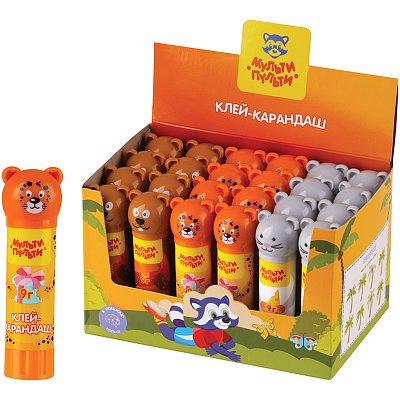 Клей-карандаш Мульти-Пульти «Зверята: Бобер, Леопард, Мышь», 09г, колпачок в форме животного