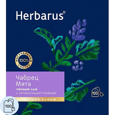 Чай Herbarus черный с добавками, Чабрец Мята, 100 пак
