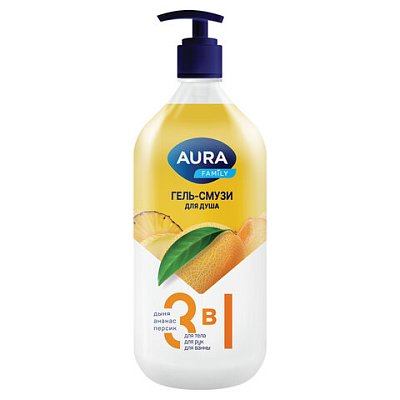 Гель-смузи для душа 3 в 1 для тела, рук и ванны 1 л, AURA FAMILY «Дыня, ананас, персик», дозатор
