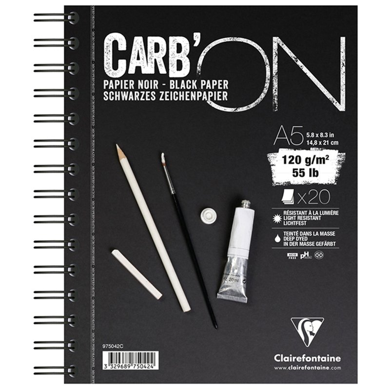 превью Скетчбук-тетрадь 20л. А5 на гребне Clairefontaine «Carb'ON», 120г/м2, мелкозерн., черный